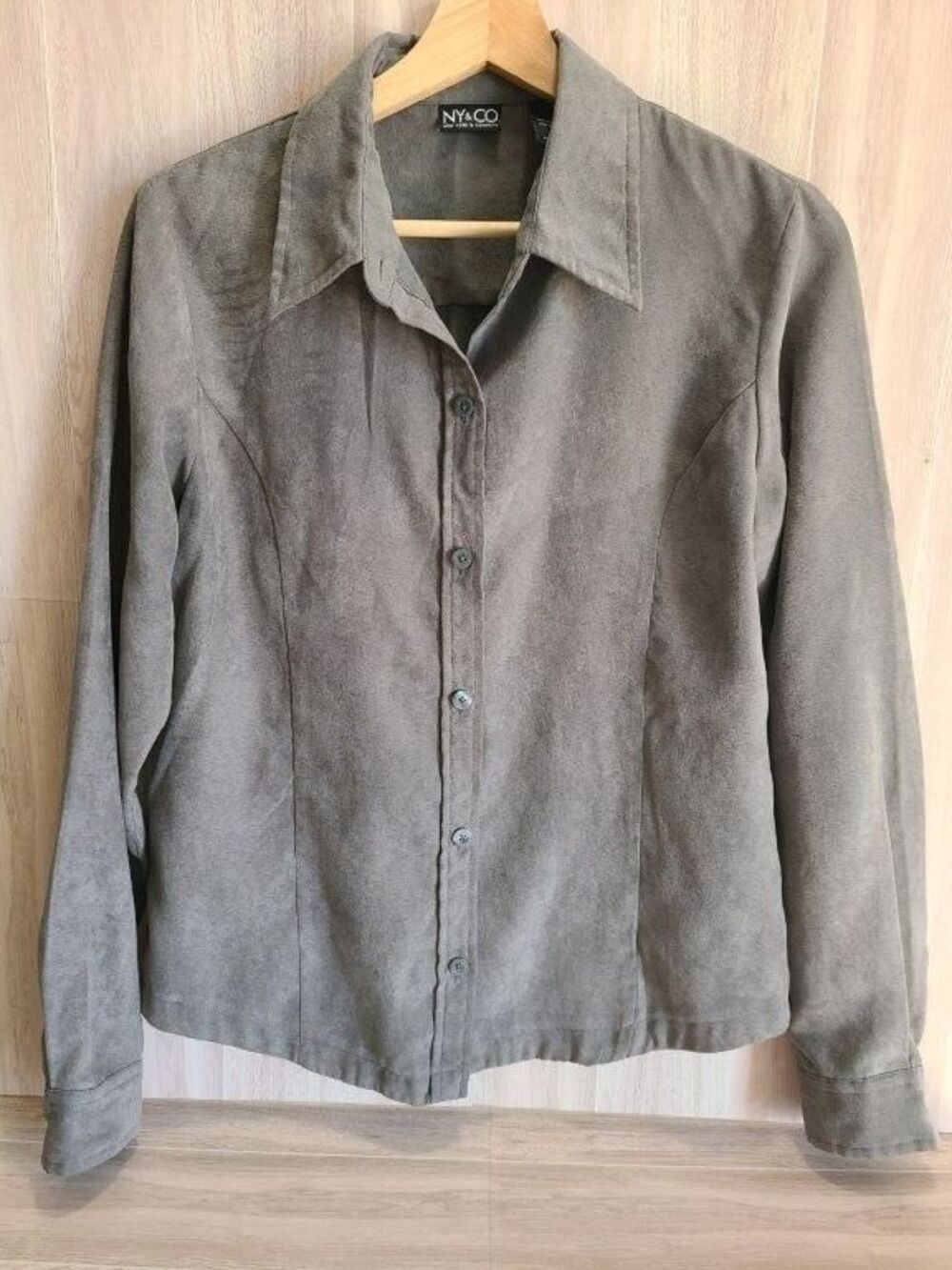 NY & Co Faux Suede Blouse Women Medium Gray Button Up Long Sleeve Shirt Work Top